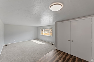 Bonus room with a textured ceiling, dark wood-type flooring, and dark colored carpet