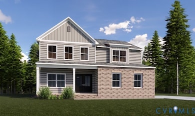 Upgraded Farmhouse Elevation with upgraded front porch, brick and side entry garage