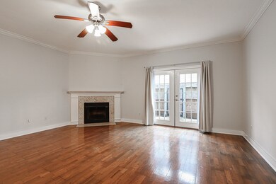Living room with wood burning fireplace