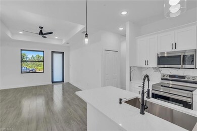 Kitchen featuring white cabinets, a raised ceiling