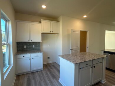 Kitchen with dark wood-type flooring, white cabine