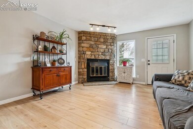 Living area with light wood-type flooring, track lighting, baseboards, and a fireplace
