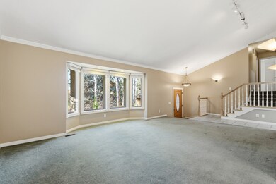 Living room with carpet floors, stairway, lofted ceiling, crown molding, and track lighting