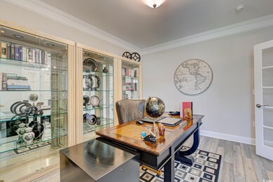 Office with hardwood / wood-style flooring and orn