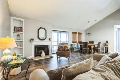 Living area with built in features, dark wood-sty