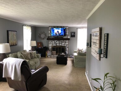 Large living room with wood burning fireplace