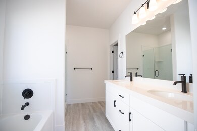 Full primary bathroom with dual sinks, quartz slab countertops, painted white wood cabinets, separate tub and shower.