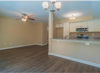 Kitchen with appliances with stainless steel finishes, dark wood-type flooring, white cabinetry, and light stone counters