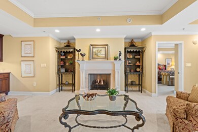 Living room featuring crown molding, light carpet,