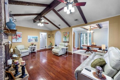 Living area with wood beams