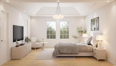 Bedroom with wood finished floors, recessed lighting, and coffered ceiling