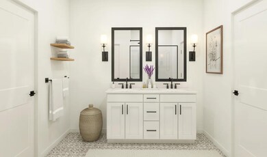 Primary bath features vanity with dual sinks