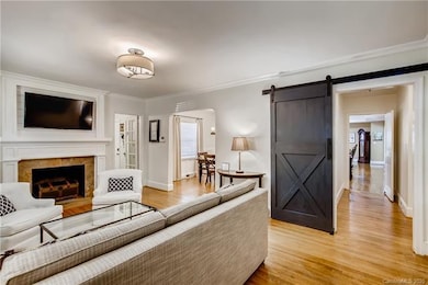Living room featuring sliding barn door, ship lap above mantle & built-ins.