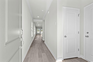 Corridor featuring crown molding and light wood-ty
