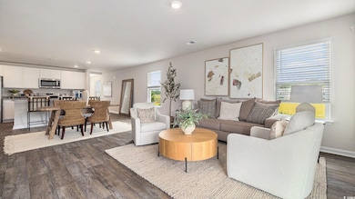 Living room with dark wood-type flooring and recessed lighting