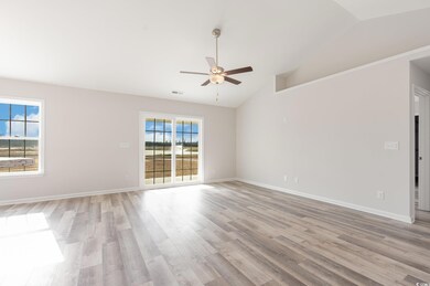 Spare room featuring lofted ceiling, a ceiling fan, healthy amount of natural light, and light wood-style flooring