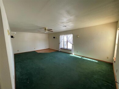 Large second living area with ceiling fan, carpet 