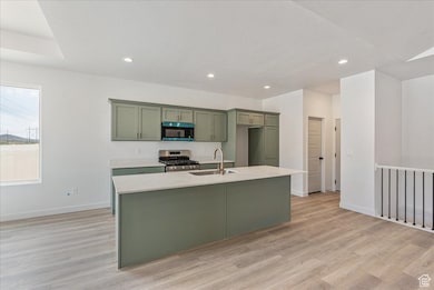 Kitchen with green cabinetry, appliances with stainless steel finishes, light wood-type flooring, recessed lighting, and a textured ceiling