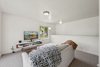Carpeted living room featuring baseboards