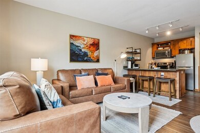 Living area with dark wood finished floors and tra