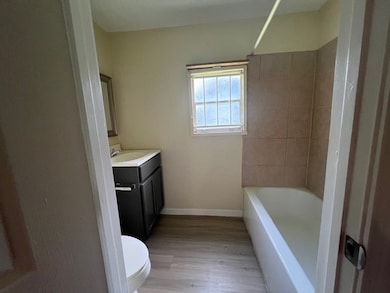 Full bathroom with vanity, light wood-style floors, and shower / washtub combination