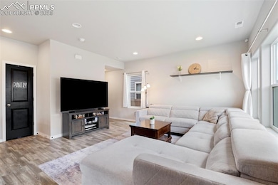Living room featuring light wood-style floors and recessed lighting