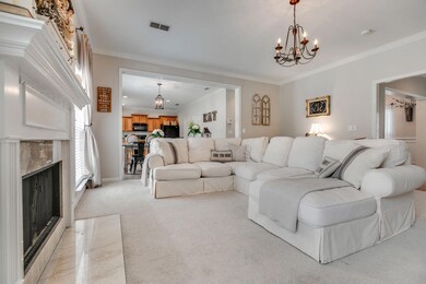 A gas fireplace with white surround, a new light fixture, and neutral carpet are ready for you to make this home yours.