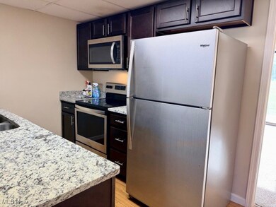 Kitchen featuring appliances with stainless steel finishes, light stone counters, a drop ceiling, dark brown cabinets, and light wood-style floors