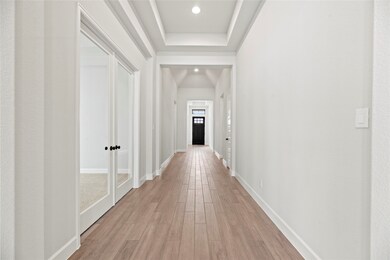 Beautiful entry boasts tray ceilings, wood-look ti