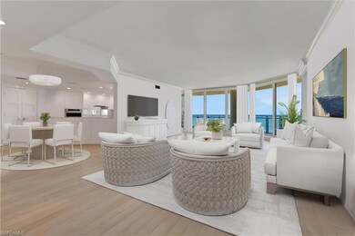 VIRTUAL STAGED Living area featuring light wood-style flooring, crown molding, and a wall of windows