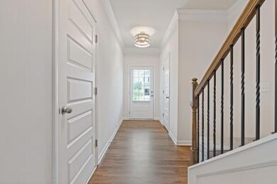 Foyer entrance featuring wood finished floors, baseboards, ornamental molding, and a chandelier