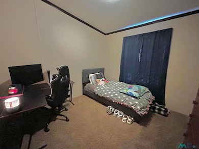 Bedroom featuring carpet floors, an office area, and ornamental molding
