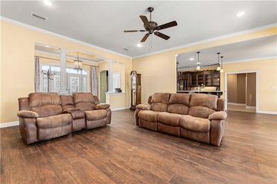 Living room with a ceiling fan, dark wood-style fl