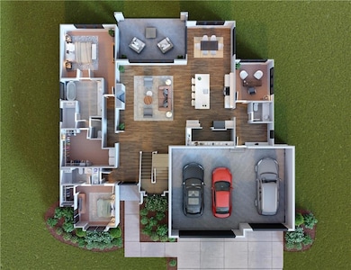 Main Level Floorplan Rendering. Primary En-Suite with beautiful bedroom, connected to walk-in closet and main level laundry. Large kitchen, pantry, kitchen island, office behind kitchen. Dining room off kitchen. Covered patio of great room. 2.1 Bathrooms on main level. Features and Sizes may vary on actual home. Contact agents for details!