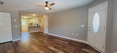 Foyer entrance featuring dark wood-style floors, a ceiling fan, baseboards, and a textured ceiling