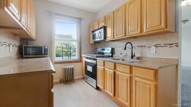 Kitchen featuring backsplash, stainless steel appliances, radiator, and light countertops