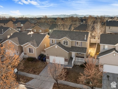 Aerial view of residential area with mountains