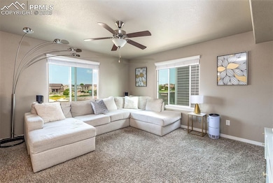Carpeted living area with ceiling fan, baseboards, and a textured ceiling