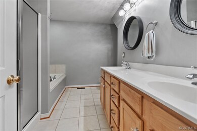 Primary suite bath with double sink, shower, and g