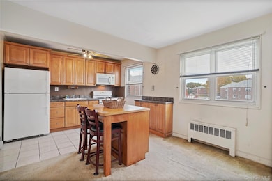 Kitchen with white appliances, radiator, light tile patterned floors, and light carpet