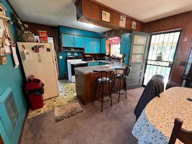 Kitchen featuring white appliances, a textured ceiling, kitchen peninsula, wood walls, and carpet