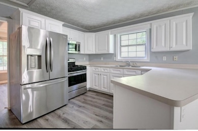 Kitchen featuring stainless steel appliances, light wood-type flooring, healthy amount of natural light, a textured ceiling, and crown molding