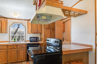 Kitchen with a sink, black appliances, under cabin