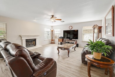 Living area featuring ceiling fan, a premium fire
