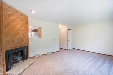 Living room with a wood-burning fireplace.