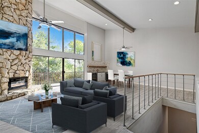 Main Living and Dining Area with Fireplace and Bar