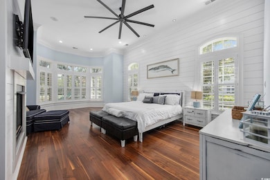 Bedroom with multiple windows, ceiling fan, dark h