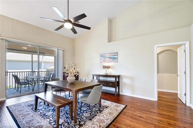 Dining room with ceiling fan, wood finished floors
