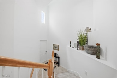 Staircase with carpet flooring and a high ceiling