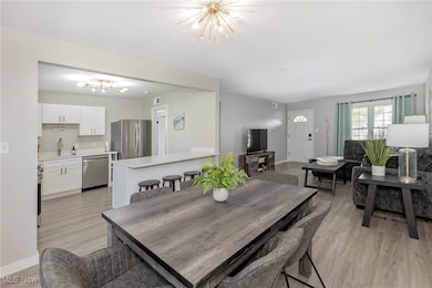Dining area featuring a chandelier and light wood finished floors